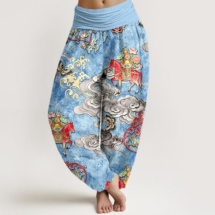 Buddha Stones Czysta bawełna, damskie spodnie haremowe z elastyczną talią i wzorem w kwiaty „Auspicious Clouds Horse” - PowderBlue - US16, UK/AU20, EU48 (3XL) - image 0