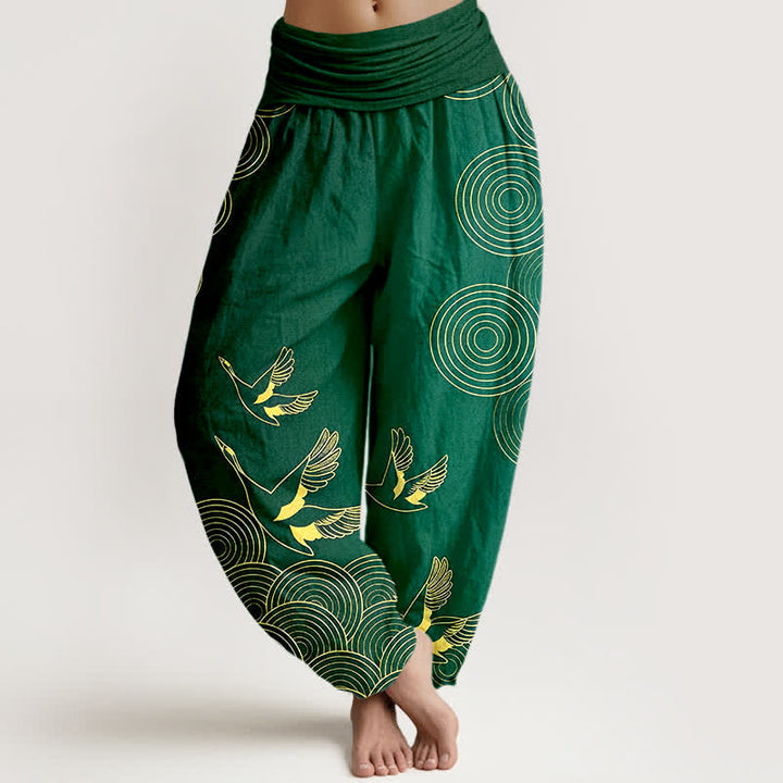 Buddha Stones Spodnie damskie typu harem z elastycznej talii z motywem złotych ptaków w kształcie koła - ForestGreen - US16, UK/AU20, EU48 (3XL) - image 5
