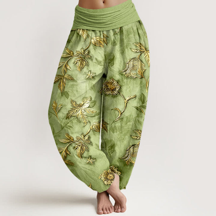Buddha Stones Spodnie damskie typu harem z bawełny z motywem botanicznym i liśćmi, z elastyczną talią - Jasnozielony - US16, UK/AU20, EU48 (3XL) - image 0