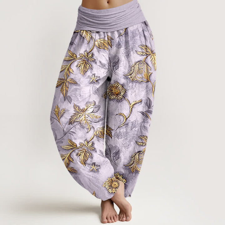 Buddha Stones Spodnie damskie typu harem z bawełny z motywem botanicznym i liśćmi, z elastyczną talią - Lawenda - US16, UK/AU20, EU48 (3XL) - image 5
