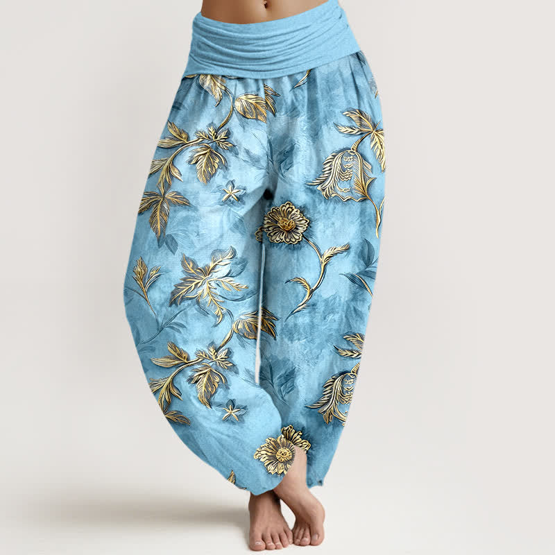 Buddha Stones Spodnie damskie typu harem z bawełny z motywem botanicznym i liśćmi, z elastyczną talią - PowderBlue - US16, UK/AU20, EU48 (3XL) - image 8