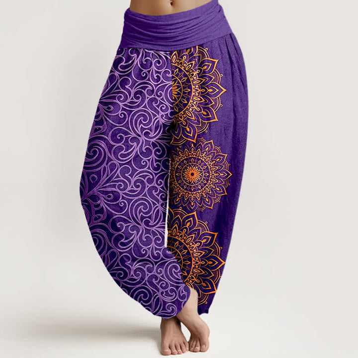 Buddha Stones Spodnie damskie typu harem z elastycznej talii, z czystej bawełny, ze złotym wzorem mandali i kwiatowym wzorem - Fioletowy - US16, UK/AU20, EU48 (3XL) - image 0