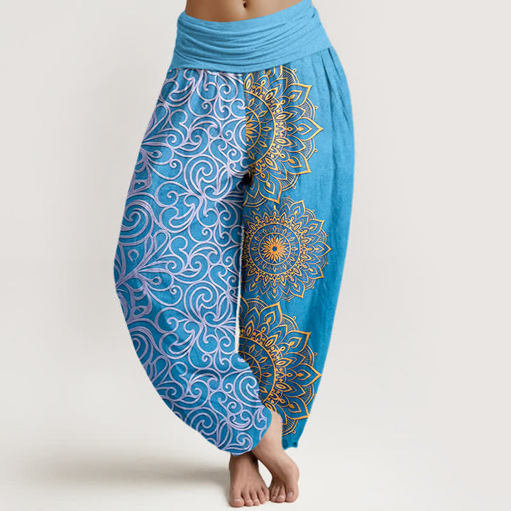 Buddha Stones Spodnie damskie typu harem z elastycznej talii, z czystej bawełny, ze złotym wzorem mandali i kwiatowym wzorem - Turkus - US16, UK/AU20, EU48 (3XL) - image 5