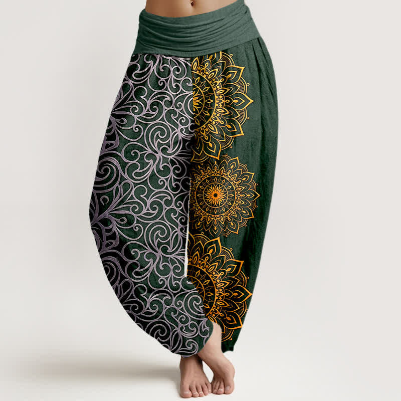 Buddha Stones Spodnie damskie typu harem z elastycznej talii, z czystej bawełny, ze złotym wzorem mandali i kwiatowym wzorem - ForestGreen - US16, UK/AU20, EU48 (3XL) - image 8