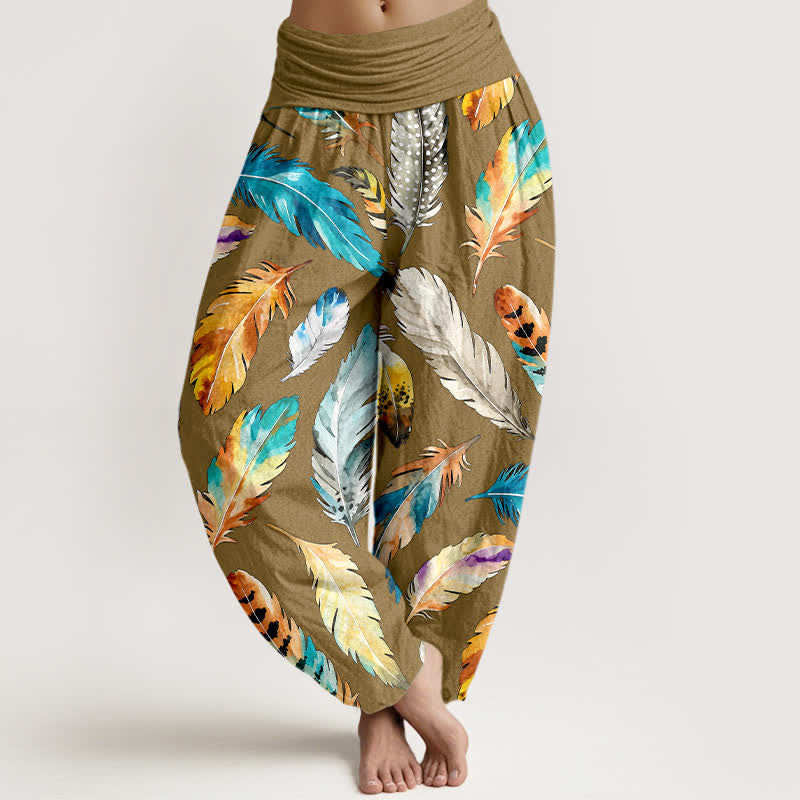 Buddha Stones Spodnie damskie harem z elastycznej talii z czystej bawełny w kolorowe piórka - Ciemny Khaki - US16, UK/AU20, EU48 (3XL) - image 5