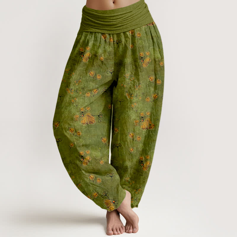 Buddha Stones Spodnie damskie typu harem z elastycznej talii z czystej bawełny z motywem kwiatowym w nagietki - Oliwkowy - US16, UK/AU20, EU48 (3XL) - image 0