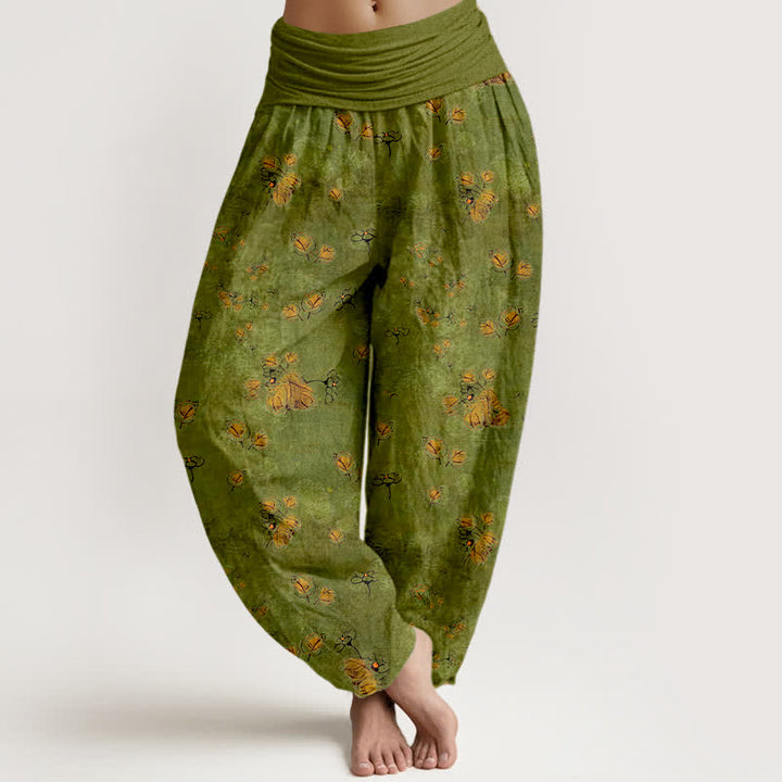 Buddha Stones Spodnie damskie typu harem z elastycznej talii z czystej bawełny z motywem kwiatowym w nagietki - Oliwkowy - US16, UK/AU20, EU48 (3XL) - image 0