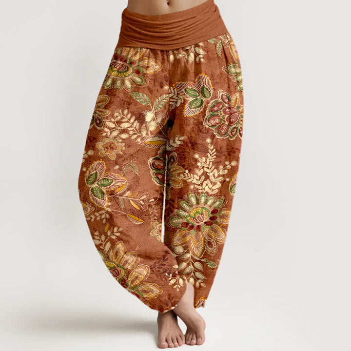 Buddha Stones Spodnie damskie typu harem z elastycznej talii, z czystej bawełny, w boho kwiatowy wzór z liśćmi - Sjena - US16, UK/AU20, EU48 (3XL) - image 0