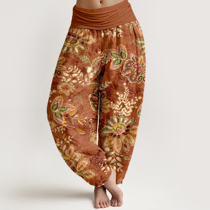 Buddha Stones Spodnie damskie typu harem z elastycznej talii, z czystej bawełny, w boho kwiatowy wzór z liśćmi - Sjena - US16, UK/AU20, EU48 (3XL) - image 0