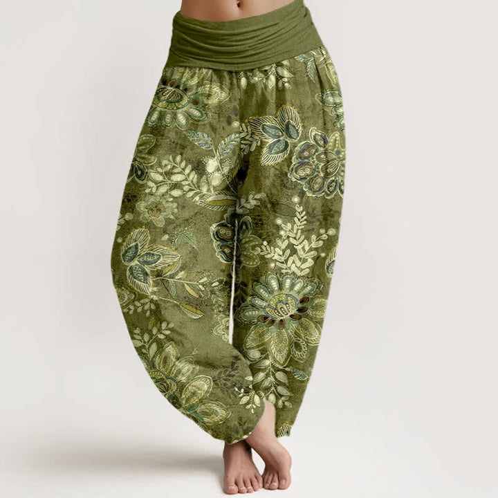 Buddha Stones Spodnie damskie typu harem z elastycznej talii, z czystej bawełny, w boho kwiatowy wzór z liśćmi - Oliwkowy - US16, UK/AU20, EU48 (3XL) - image 8
