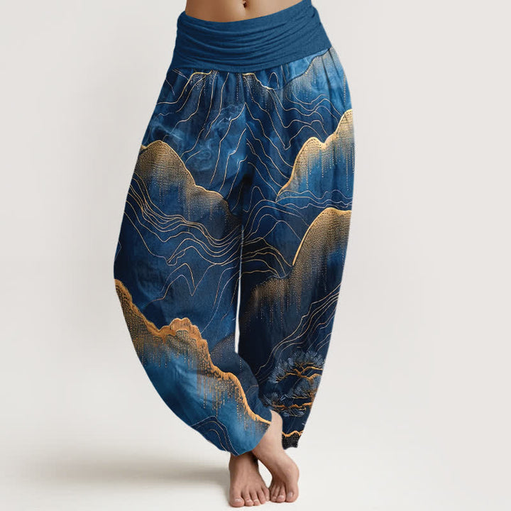 Buddha Stones Spodnie damskie haremki z elastycznej talii w kolorze Midnight Mountain Gold Line z czystej bawełny - Marynarka wojenna - US16, UK/AU20, EU48 (3XL) - image 0