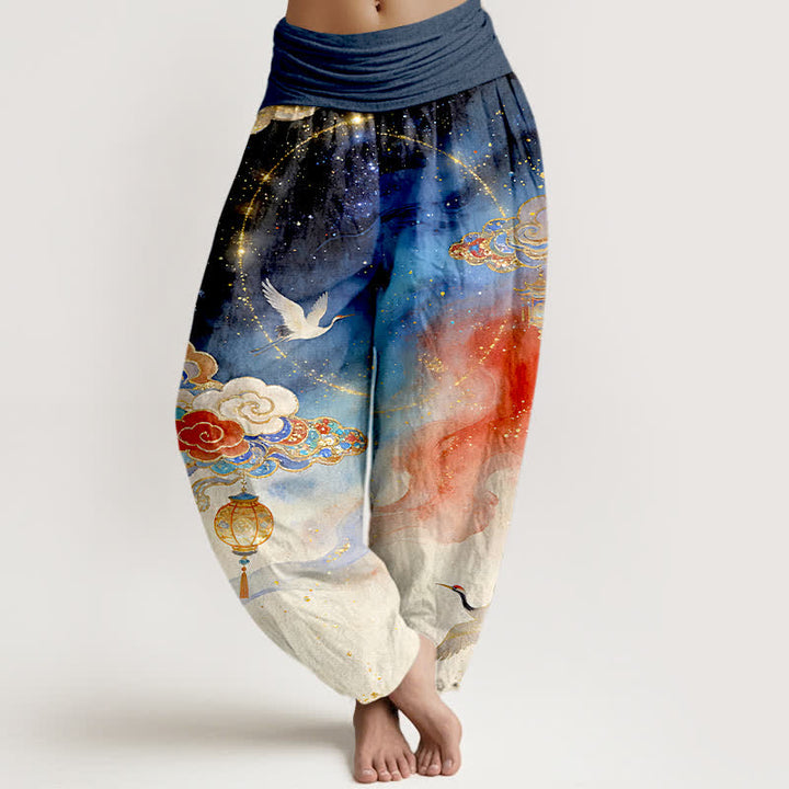 Buddha Stones Spodnie haremki damskie z elastycznej talii z motywem żurawia i chmurki w nocne niebo z czystej bawełny - Marynarka wojenna - US16, UK/AU20, EU48 (3XL) - image 0