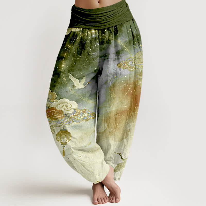 Buddha Stones Spodnie haremki damskie z elastycznej talii z motywem żurawia i chmurki w nocne niebo z czystej bawełny - Oliwka - US16, UK/AU20, EU48 (3XL) - image 8
