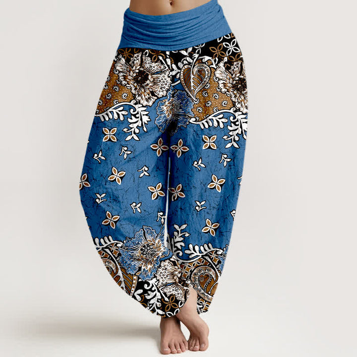 Buddha Stones Spodnie damskie typu harem z elastycznej talii, z czystej bawełny, w boho wzór paisley i kwiaty - Chaber niebieski - US16, UK/AU20, EU48 (3XL) - image 0