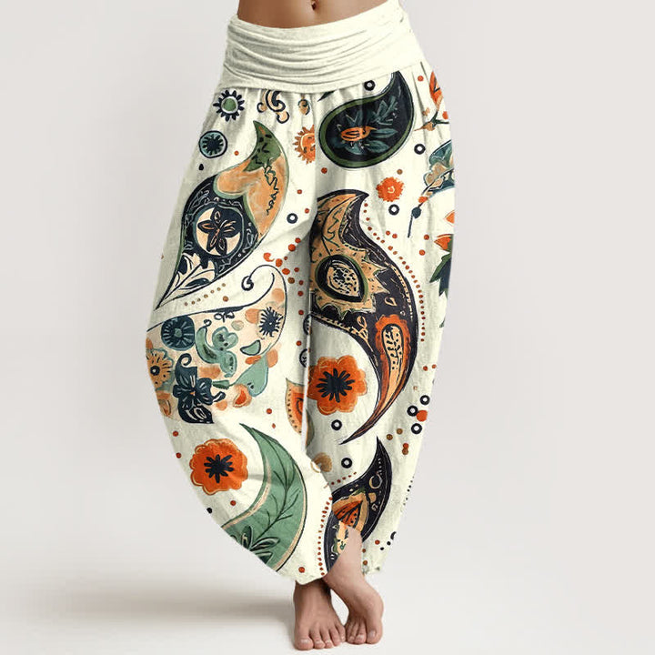 Buddha Stones Spodnie damskie haremki z elastycznej talii z czystej bawełny w stylu boho paisley ze wzorem słonecznika - Kość słoniowa - US16, UK/AU20, EU48 (3XL) - image 0
