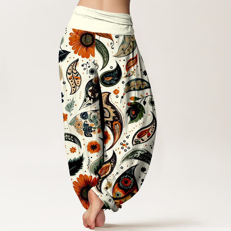 Buddha Stones Spodnie damskie haremki z elastycznej talii z czystej bawełny w stylu boho paisley ze wzorem słonecznika - image 1