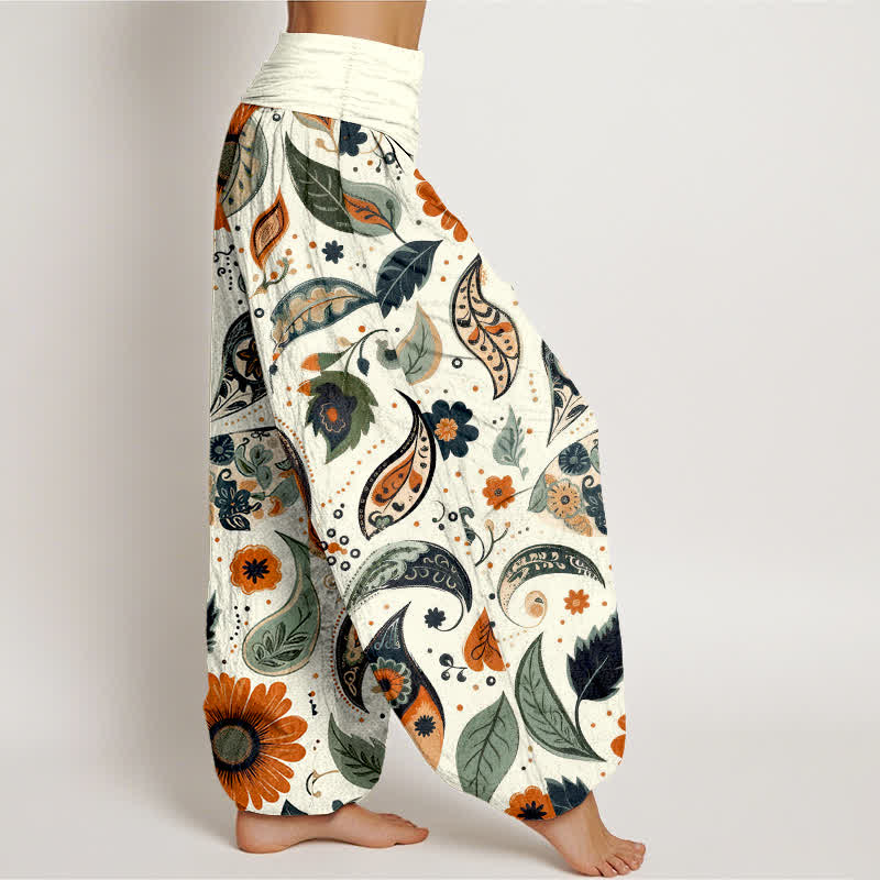 Buddha Stones Spodnie damskie haremki z elastycznej talii z czystej bawełny w stylu boho paisley ze wzorem słonecznika - image 2