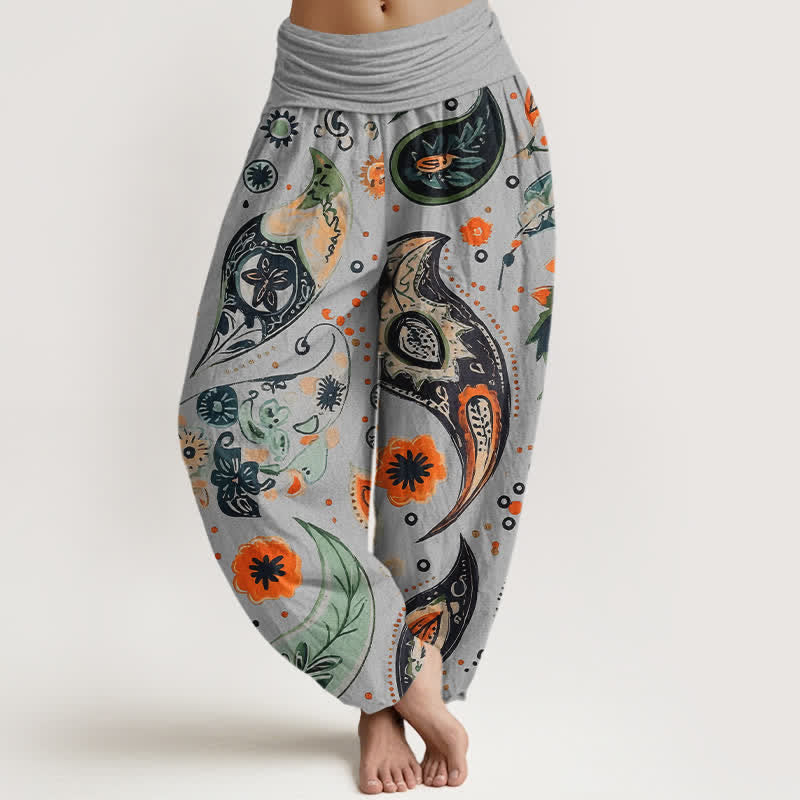Buddha Stones Spodnie damskie haremki z elastycznej talii z czystej bawełny w stylu boho paisley ze wzorem słonecznika - Jasnoszary - US16, UK/AU20, EU48 (3XL) - image 5