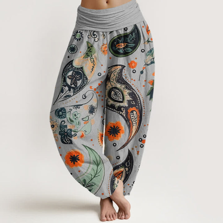 Buddha Stones Spodnie damskie haremki z elastycznej talii z czystej bawełny w stylu boho paisley ze wzorem słonecznika - Jasnoszary - US16, UK/AU20, EU48 (3XL) - image 5