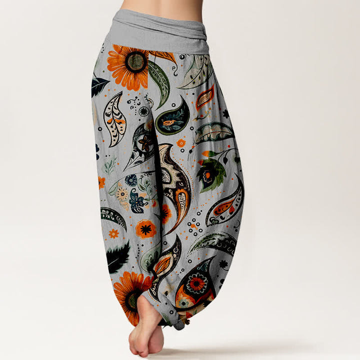 Buddha Stones Spodnie damskie haremki z elastycznej talii z czystej bawełny w stylu boho paisley ze wzorem słonecznika - image 6