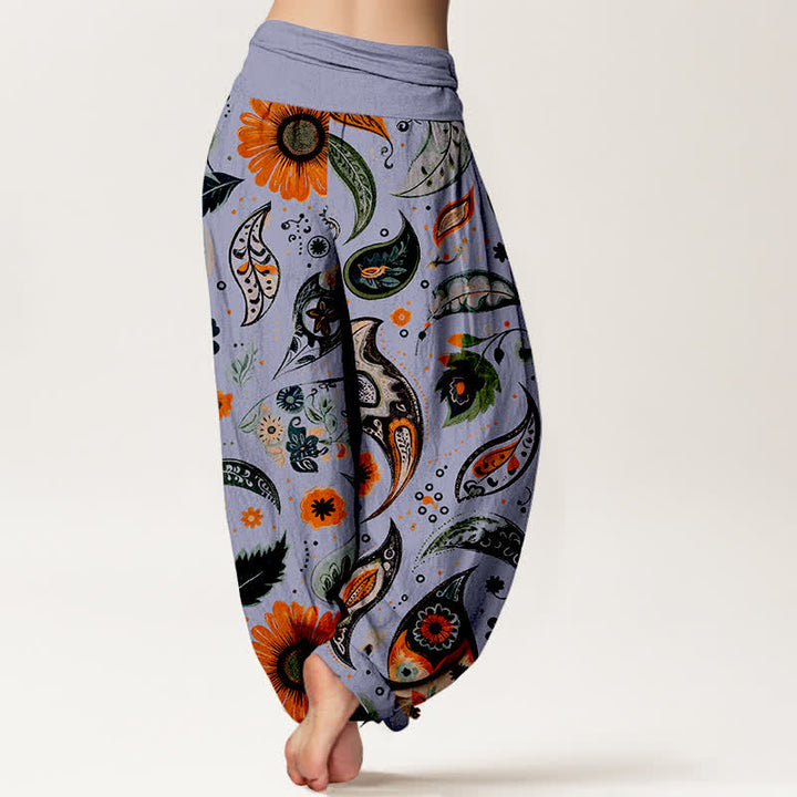 Buddha Stones Spodnie damskie haremki z elastycznej talii z czystej bawełny w stylu boho paisley ze wzorem słonecznika - image 9