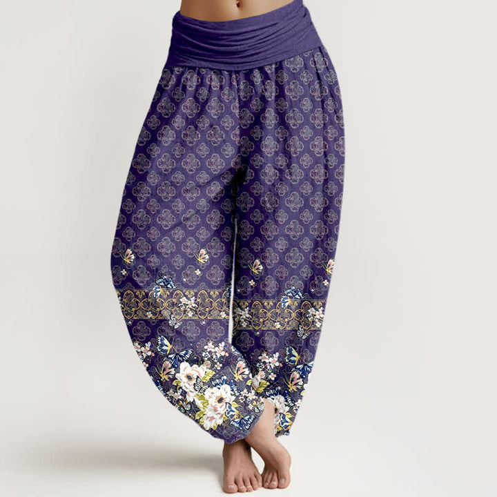 Buddha Stones Spodnie damskie typu harem z elastycznej talii, z czystej bawełny, z motywem kwiatowym w stylu boho - Indygo - US16, UK/AU20, EU48 (3XL) - image 0