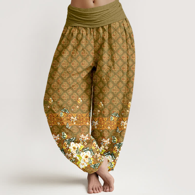 Buddha Stones Spodnie damskie typu harem z elastycznej talii, z czystej bawełny, z motywem kwiatowym w stylu boho - Oliwka - US16, UK/AU20, EU48 (3XL) - image 8