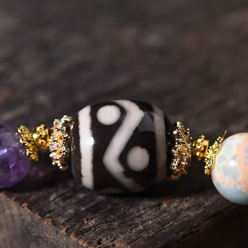 Buddha Stones Bransoletka zdrowotna z naturalnych koralików Dzi z ametystem i tygrysim okiem - image 14
