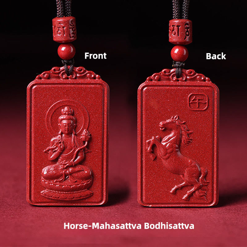 Buddha Stones Naszyjnik z chińskim znakiem zodiaku, narodzinami Buddy, cynobrowym błogosławieństwem - Koń-Mahasattwa Bodhisattwa - 19*34mm - image 0