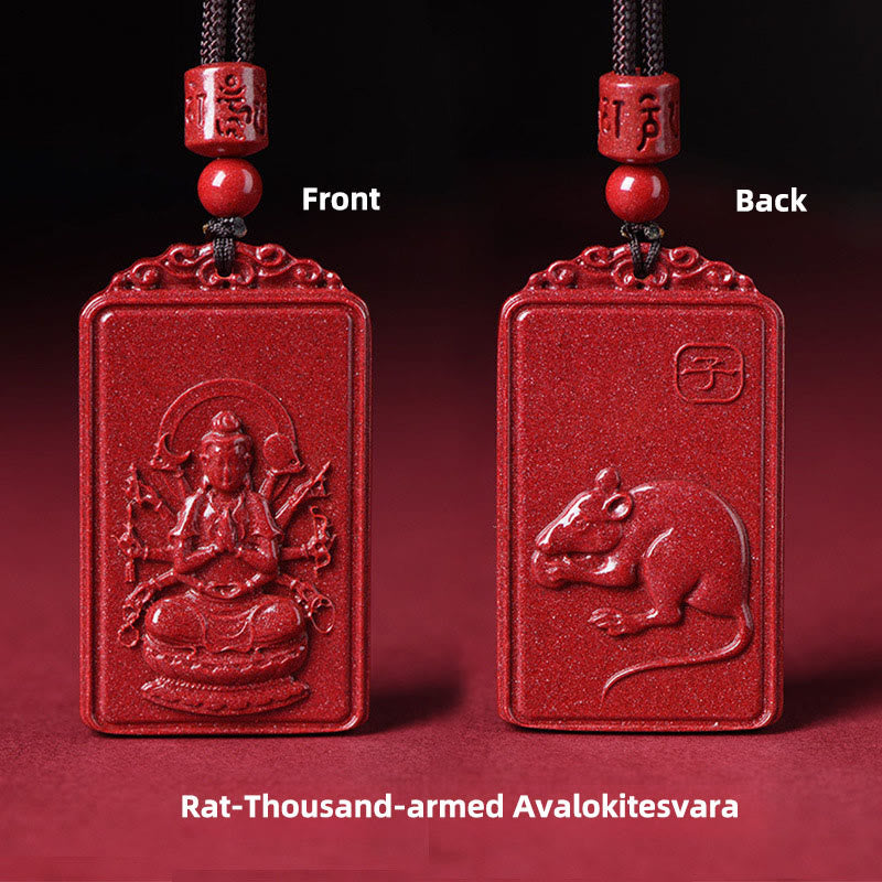 Buddha Stones Naszyjnik z chińskim znakiem zodiaku, narodzinami Buddy, cynobrowym błogosławieństwem - Szczur-Tysiącramienny Awalokiteśwara - 19*34mm - image 6