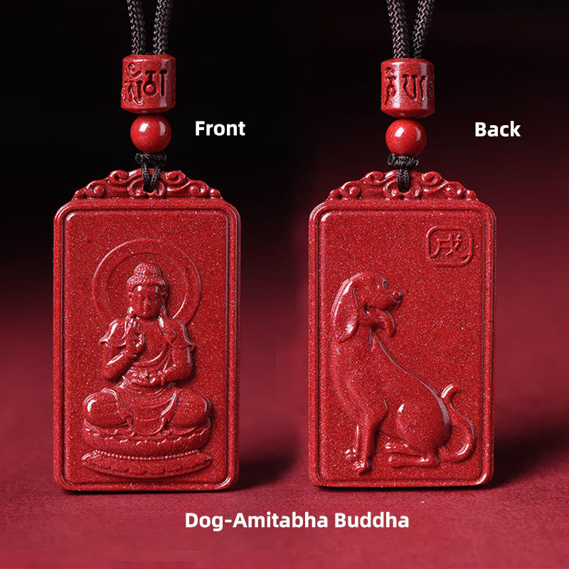 Buddha Stones Naszyjnik z chińskim znakiem zodiaku, narodzinami Buddy, cynobrowym błogosławieństwem - Pies-Amitabha Budda - 19*34mm - image 22