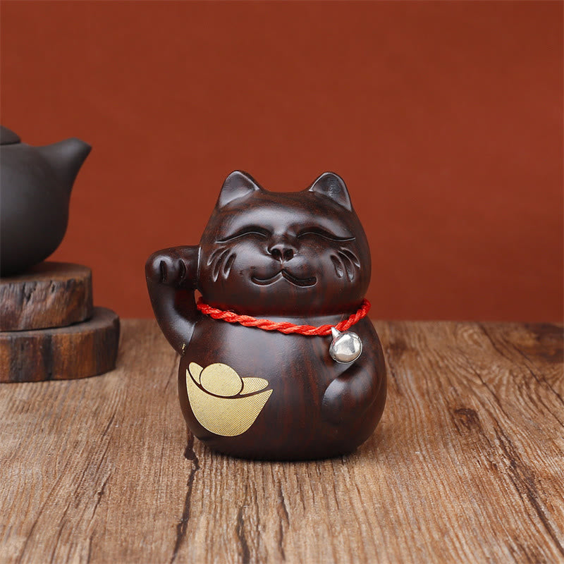 Buddha Stones Miniaturowy kot szczęścia, rzeźbiona dekoracja z drewna hebanowego, 8 cm - Sztabka kota - 8 cm (kolor i rozmiar mogą się różnić) - image 3