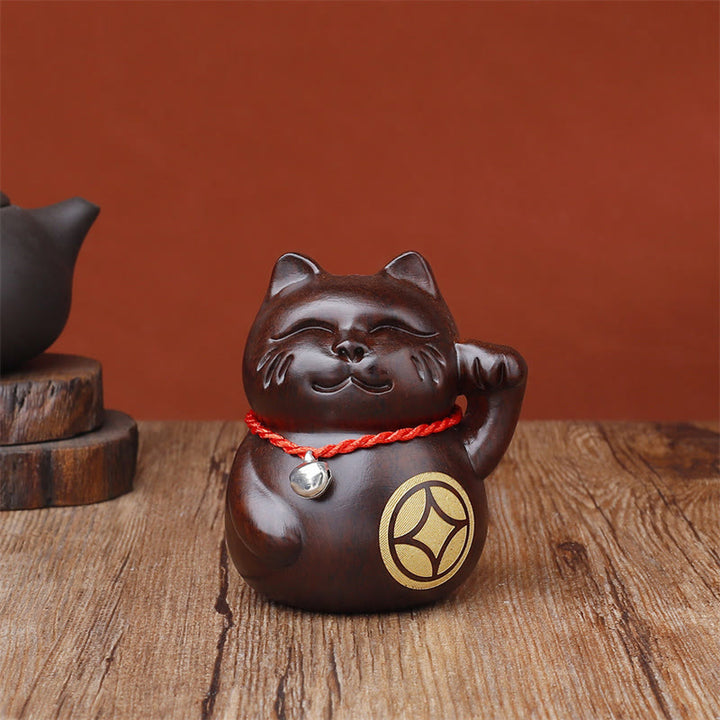 Buddha Stones Miniaturowy kot szczęścia, rzeźbiona dekoracja z drewna hebanowego, 8 cm - Moneta kota - 8 cm (kolor i rozmiar mogą się różnić) - image 5