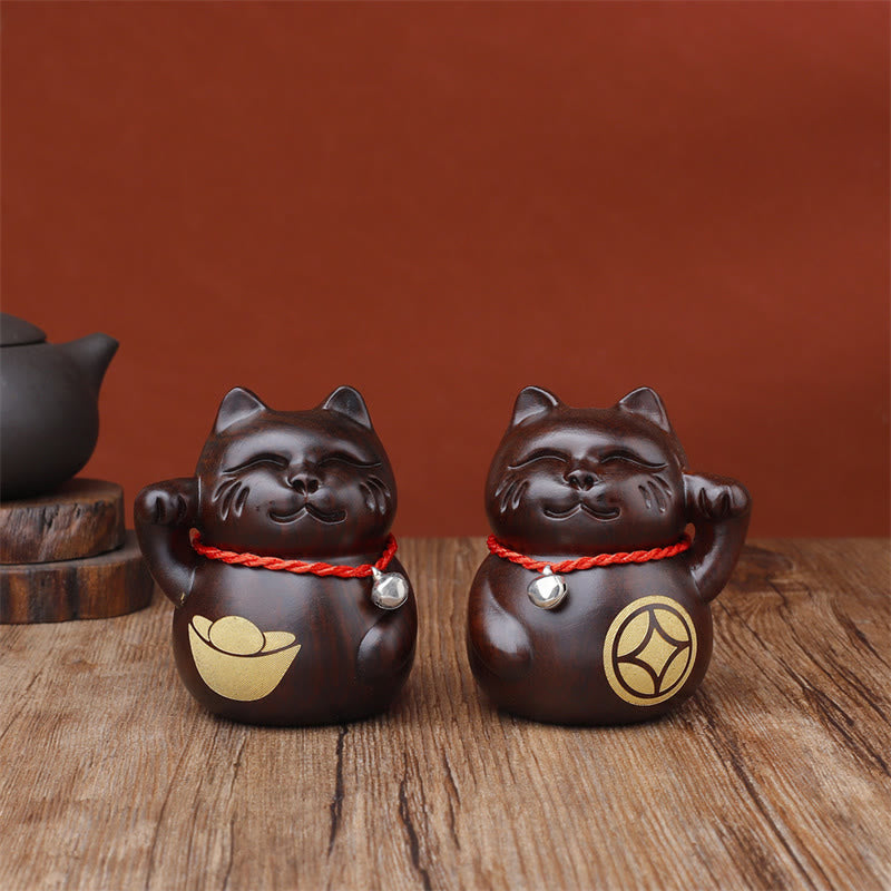 Buddha Stones Miniaturowy kot szczęścia, rzeźbiona dekoracja z drewna hebanowego, 8 cm - 2 sztuki (pudełko prezentowe) - 8 cm (kolor i rozmiar mogą się różnić) - image 0