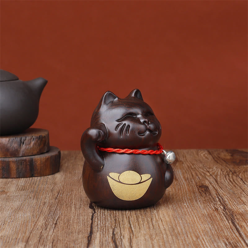 Buddha Stones Miniaturowy kot szczęścia, rzeźbiona dekoracja z drewna hebanowego, 8 cm - image 4
