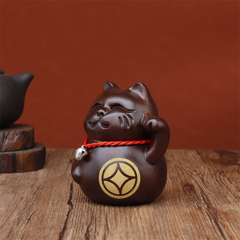 Buddha Stones Miniaturowy kot szczęścia, rzeźbiona dekoracja z drewna hebanowego, 8 cm - image 6
