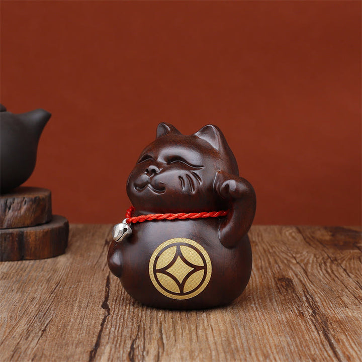 Buddha Stones Miniaturowy kot szczęścia, rzeźbiona dekoracja z drewna hebanowego, 8 cm - image 6