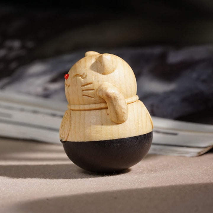 Buddha Stones Przyciągnij bogactwo, miniaturowy kot szczęścia z drewna bukowego hebanowego, rzeźbiona dekoracja ochronna, 4,7*4 cm - image 3