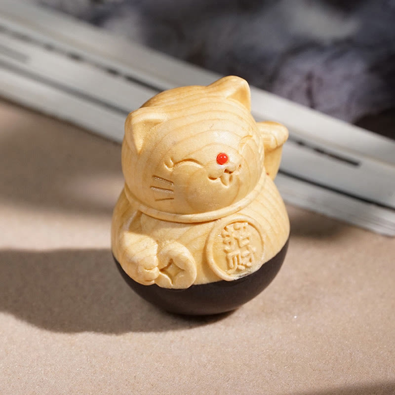 Buddha Stones Przyciągnij bogactwo, miniaturowy kot szczęścia z drewna bukowego hebanowego, rzeźbiona dekoracja ochronna, 4,7*4 cm - image 4