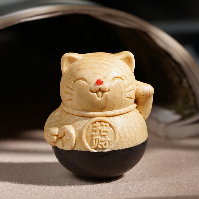 Buddha Stones Przyciągnij bogactwo, miniaturowy kot szczęścia z drewna bukowego hebanowego, rzeźbiona dekoracja ochronna, 4,7*4 cm - image 1