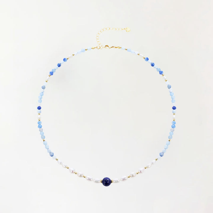 Buddha Stones Naszyjnik z perełką i naturalnym niebieskim awenturynem i lapis lazuli - Naturalny niebieski awenturyn (kolor może się różnić) - image 0