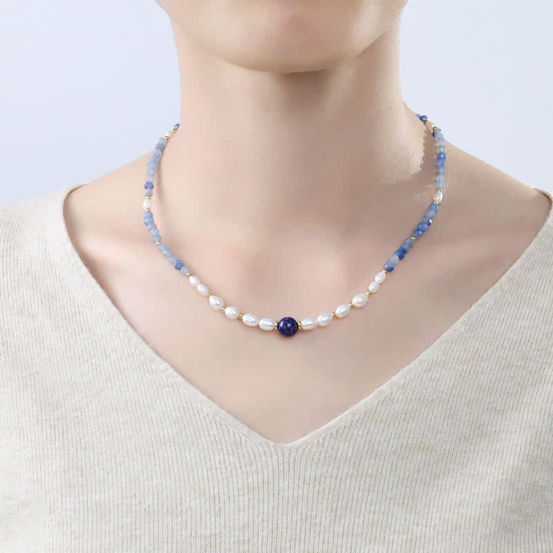 Buddha Stones Naszyjnik z perełką i naturalnym niebieskim awenturynem i lapis lazuli - image 4