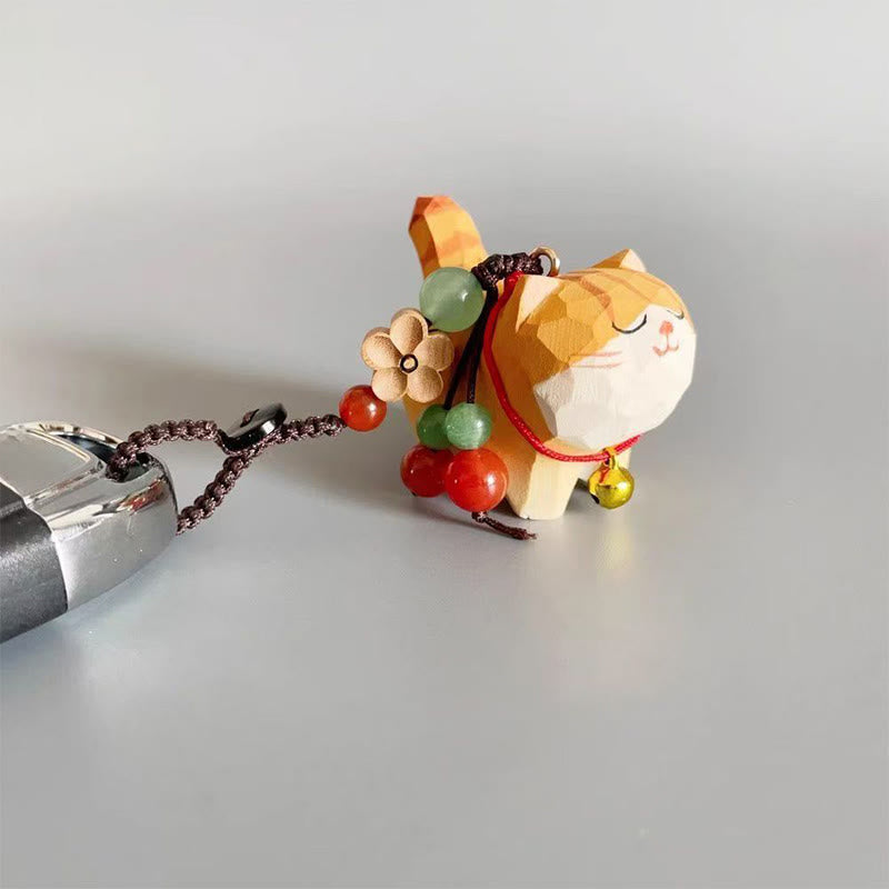 Buddha Stones Pomarańczowy pręgowany kotek z drewna lipowego, drewna brzoskwiniowego, pokoju i bezpiecznego kwiatu śliwy, breloczek do kluczy Om Mani Padme Hum Purity - image 5