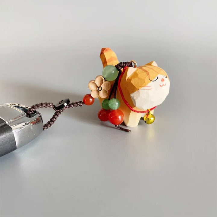Buddha Stones Pomarańczowy pręgowany kotek z drewna lipowego, drewna brzoskwiniowego, pokoju i bezpiecznego kwiatu śliwy, breloczek do kluczy Om Mani Padme Hum Purity - image 5