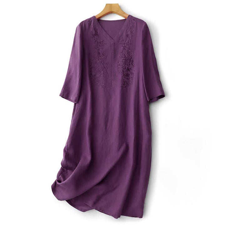Buddha Stones Letnia, haftowana, solidna damska sukienka z krótkim rękawem i kieszeniami - RebeccaPurple - US12, UK/AU16, EU44 (2XL) - image 0
