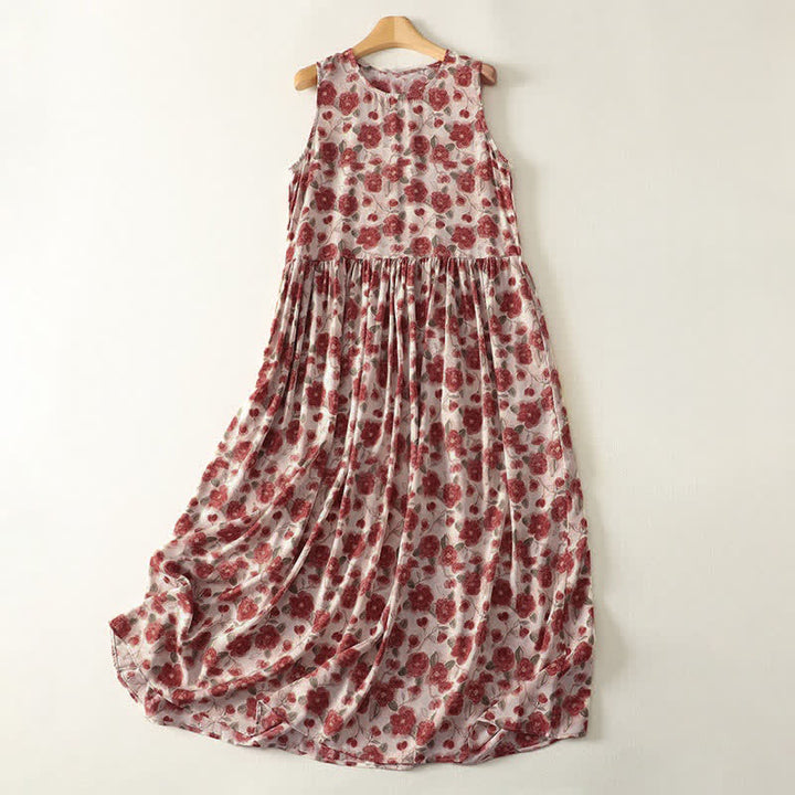 Buddha Stones Letnia sukienka damska z szyfonu z kwiatowym nadrukiem, bez rękawów i kieszeniami - AntiqueWhite - US12, UK/AU16, EU44 (2XL) - image 0