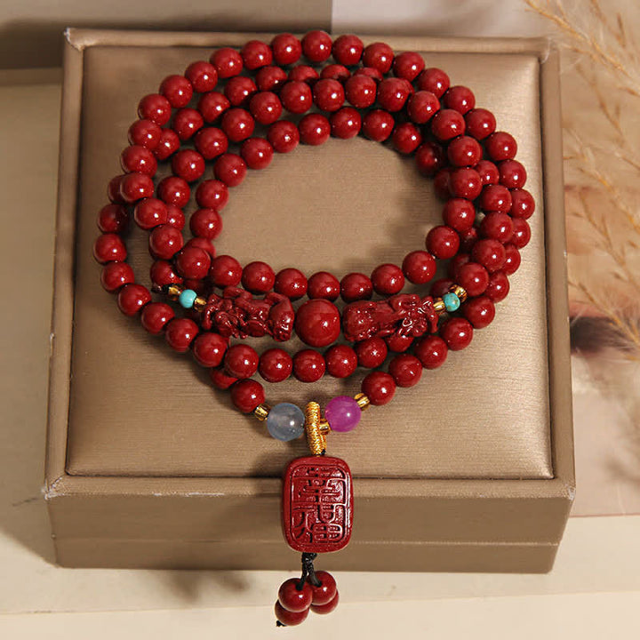 Buddha Stones Tybetańska Mala Szczęścia PiXiu 108 Koralików Cynobrowych - image 2