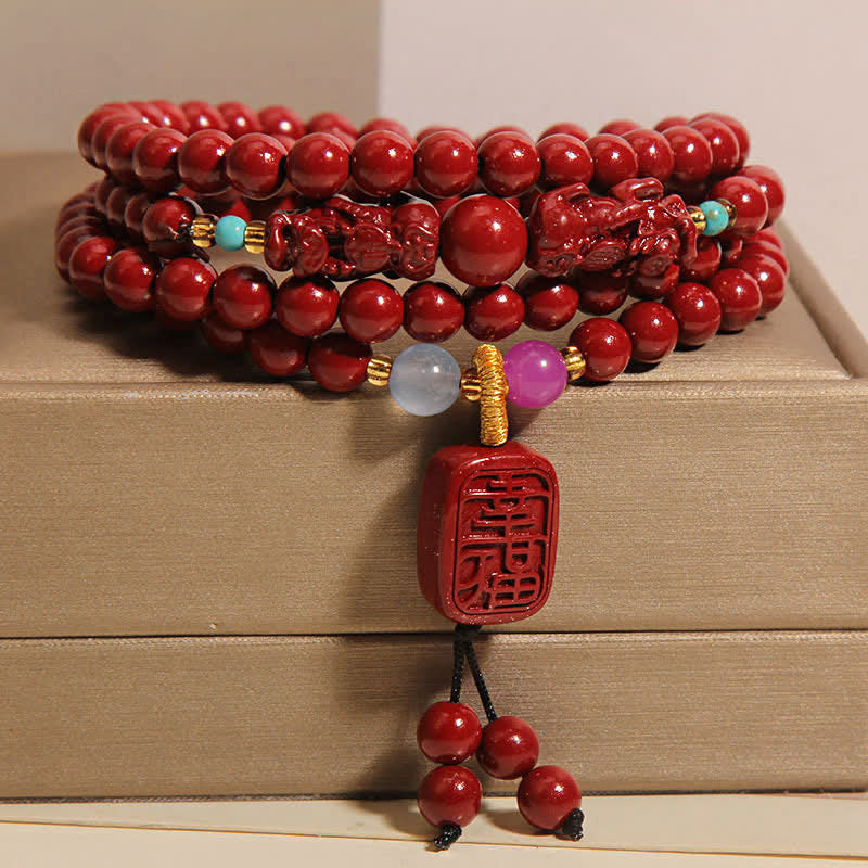 Buddha Stones Tybetańska Mala Szczęścia PiXiu 108 Koralików Cynobrowych - image 1
