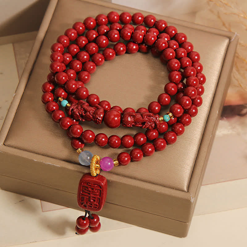 Buddha Stones Tybetańska Mala Szczęścia PiXiu 108 Koralików Cynobrowych - image 8