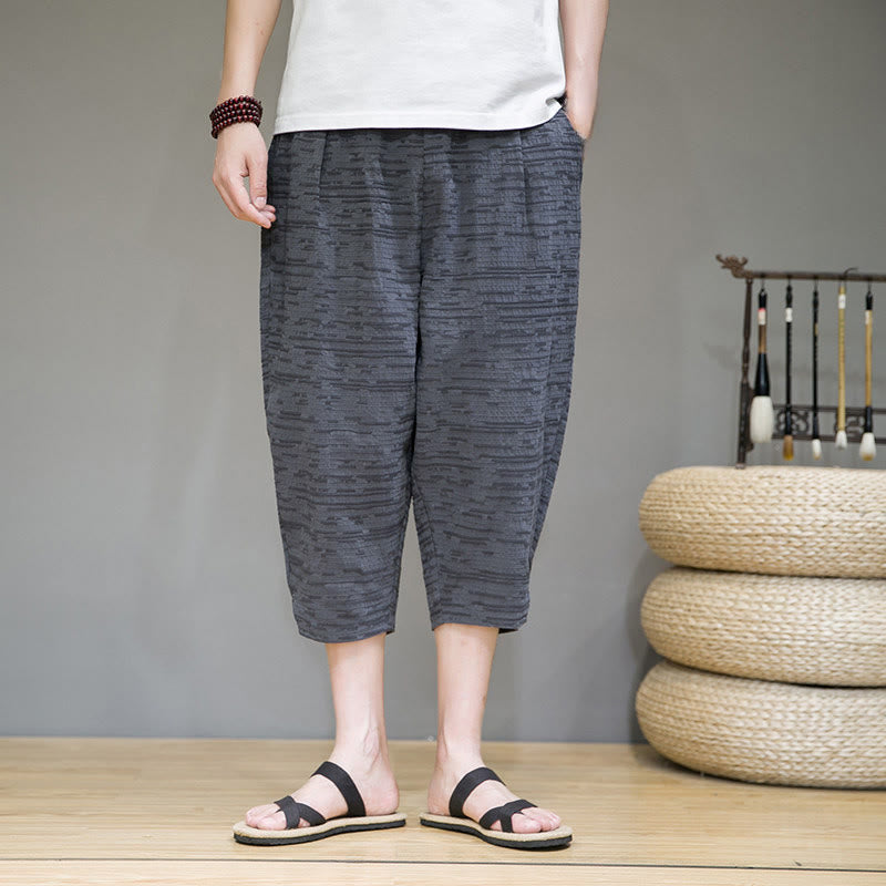 Buddha Stones Letnie, minimalistyczne, męskie spodnie haremowe z rozcięciami po bokach i kieszeniami, o długości 3/4 - image 1